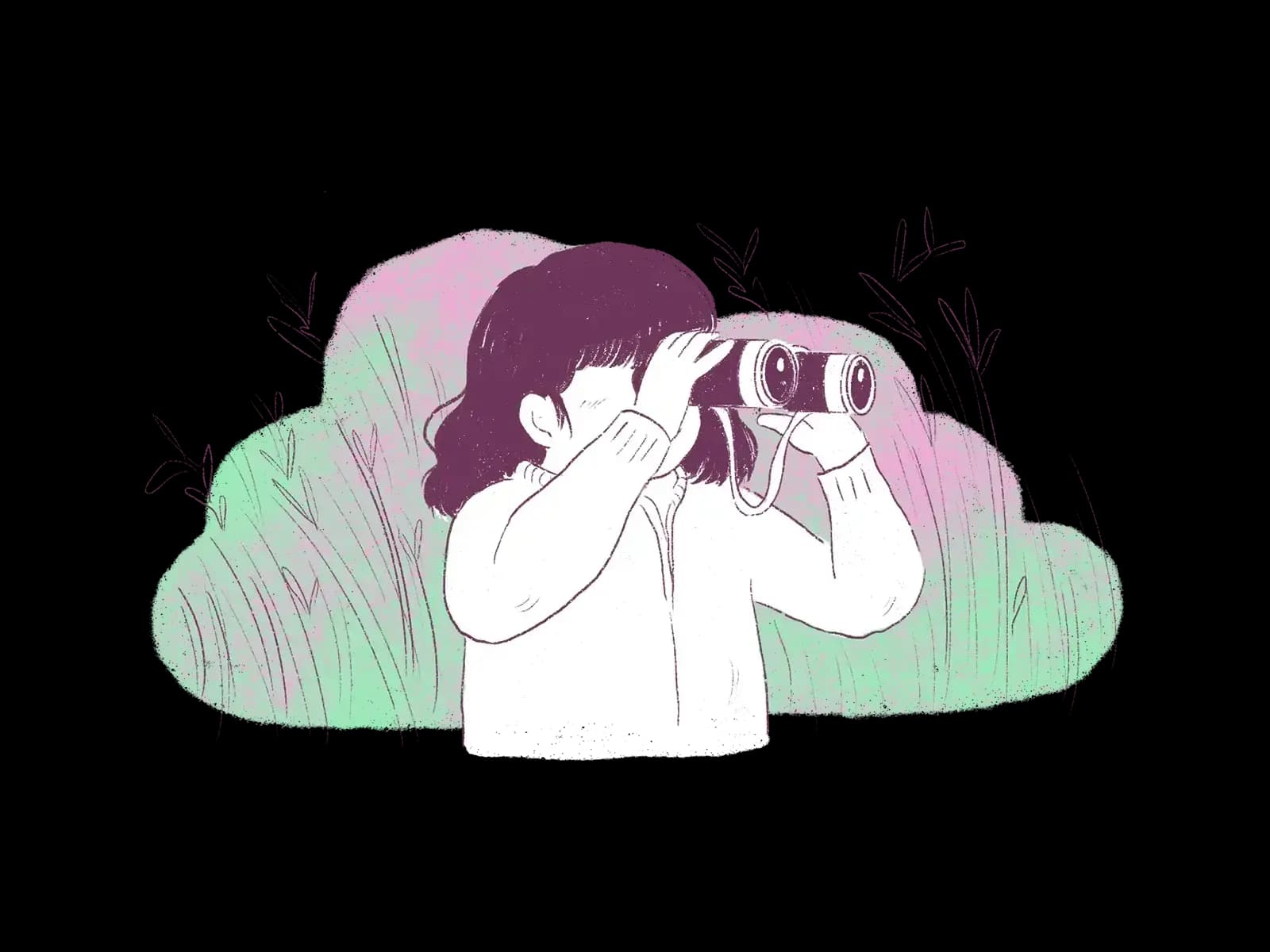 自然の中で双眼鏡を覗く女性