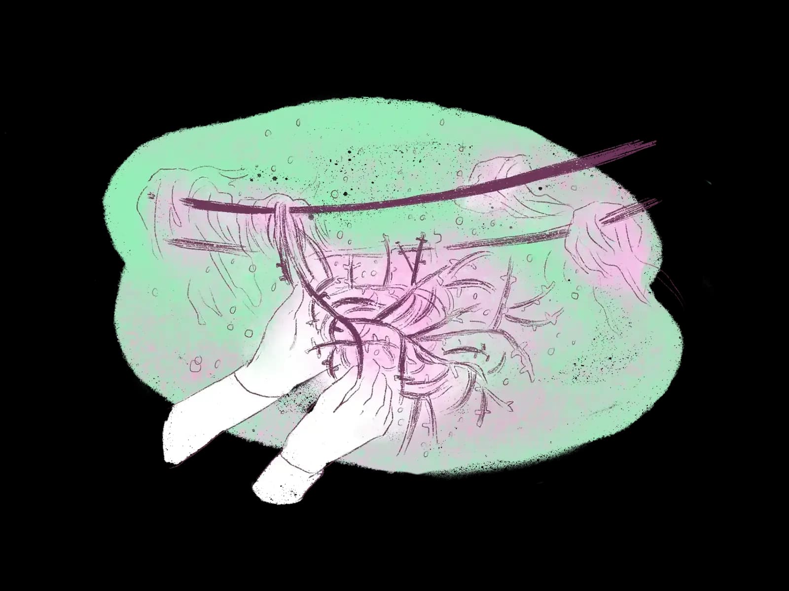 海苔を乾燥させるためのラインに伸びる人の手