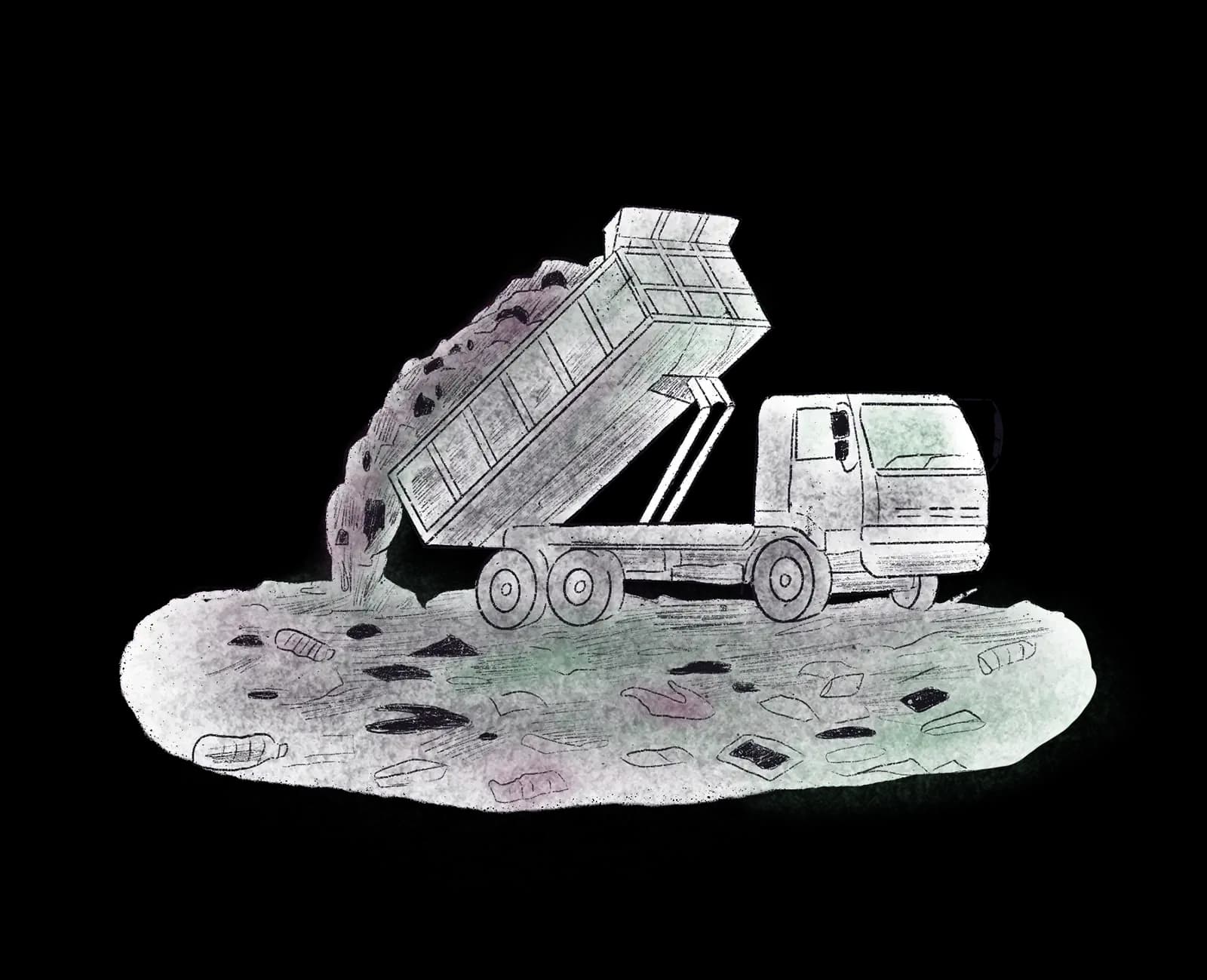 廃棄物を積み降ろす大型トラック