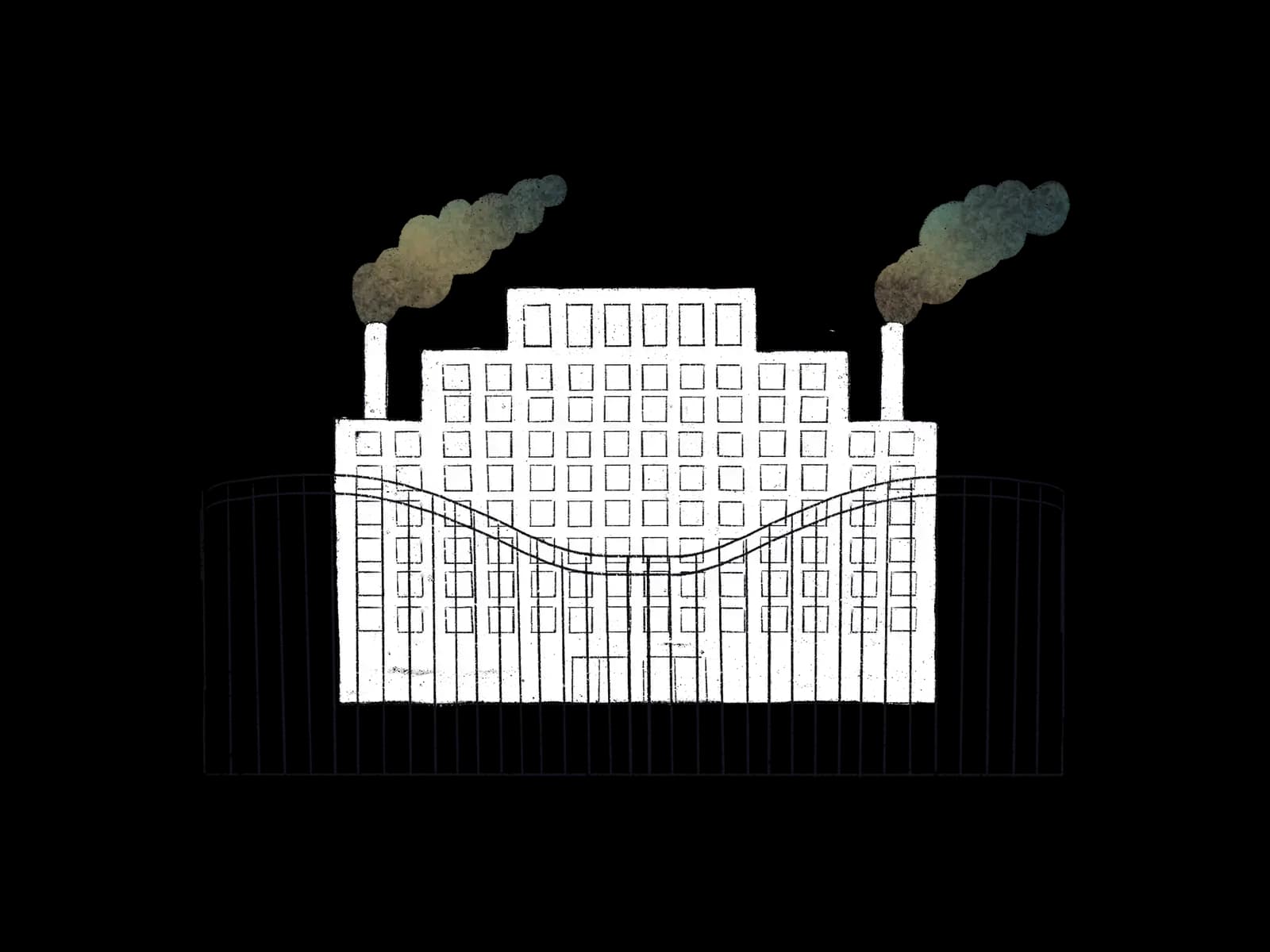 A polluted factory sits behinds large, imposing gates