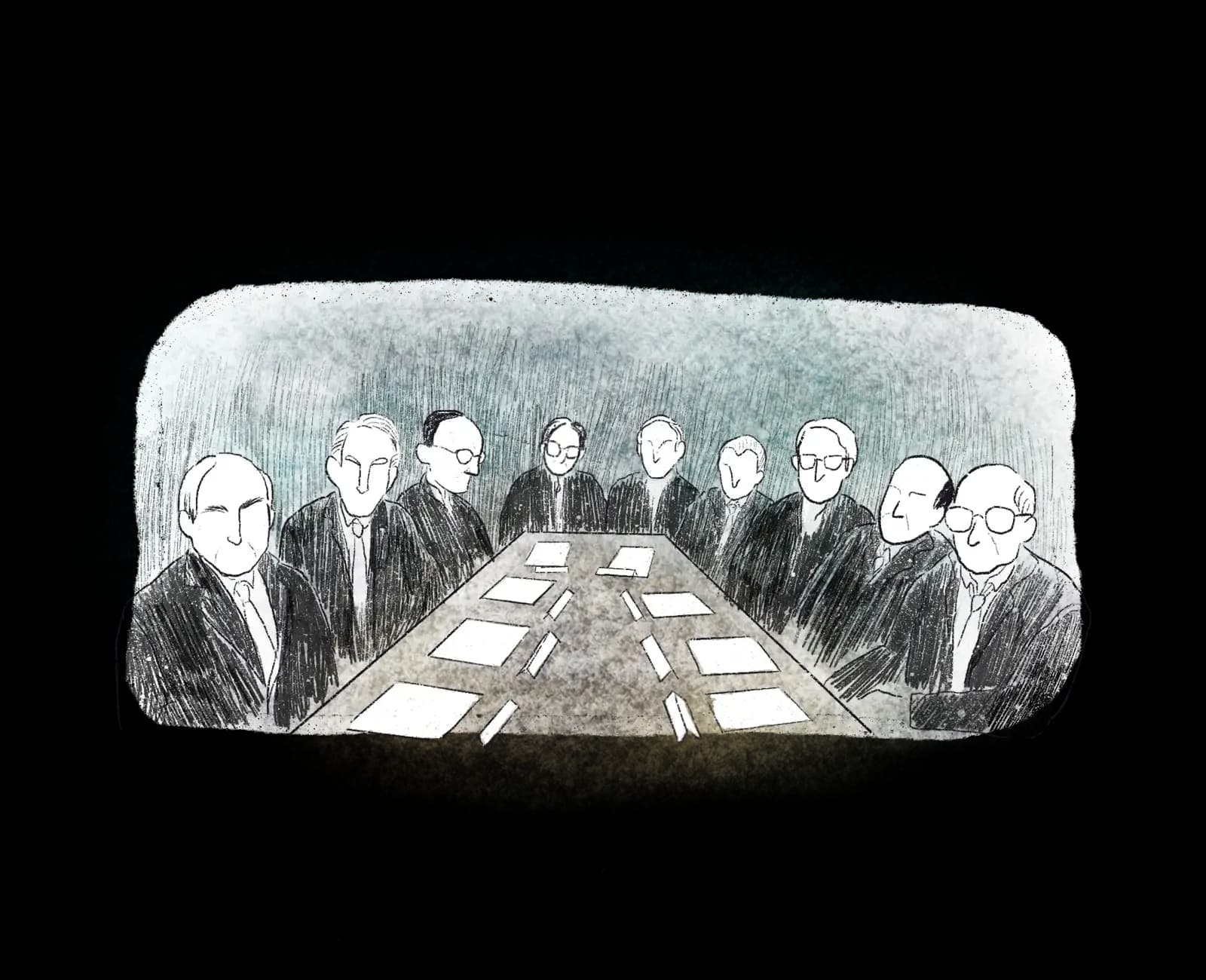 A board room filled that lacks diversity