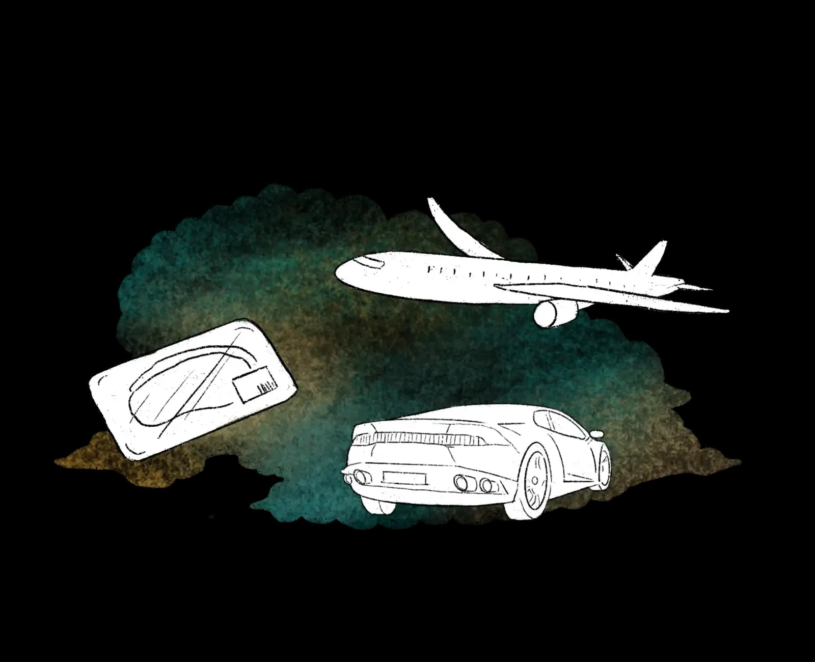 An airplane, a packaged piece of meat, and a sports car