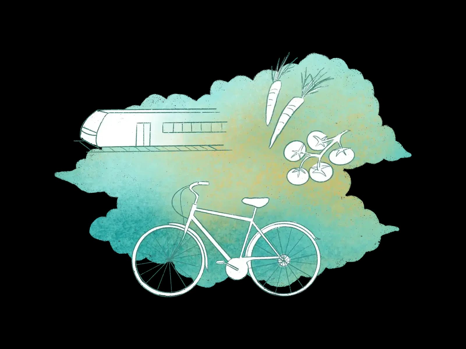 A train, a bicycle, and a fresh produce