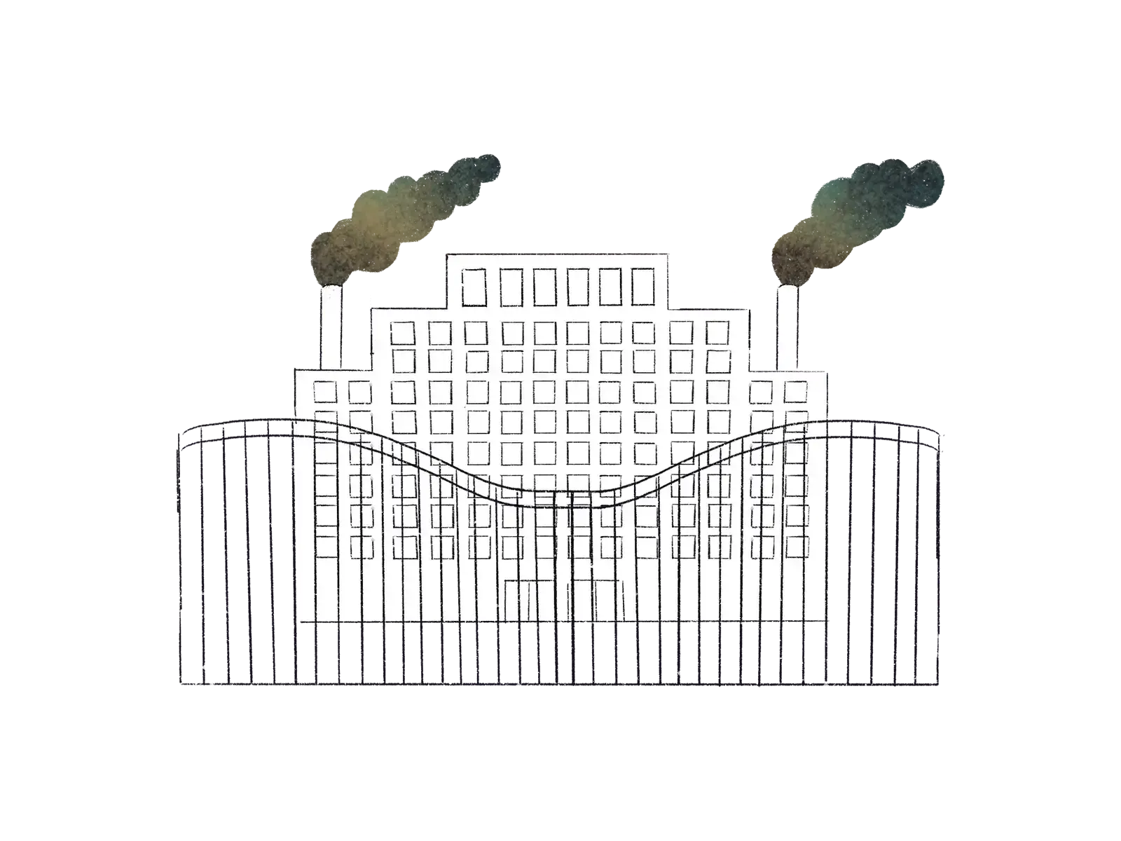 A polluted factory sits behinds large, imposing gates