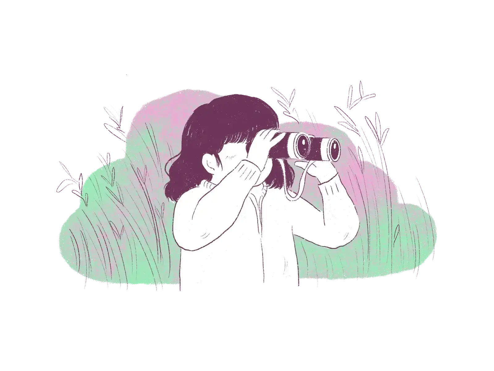 A woman looks through binoculars surrounded by nature