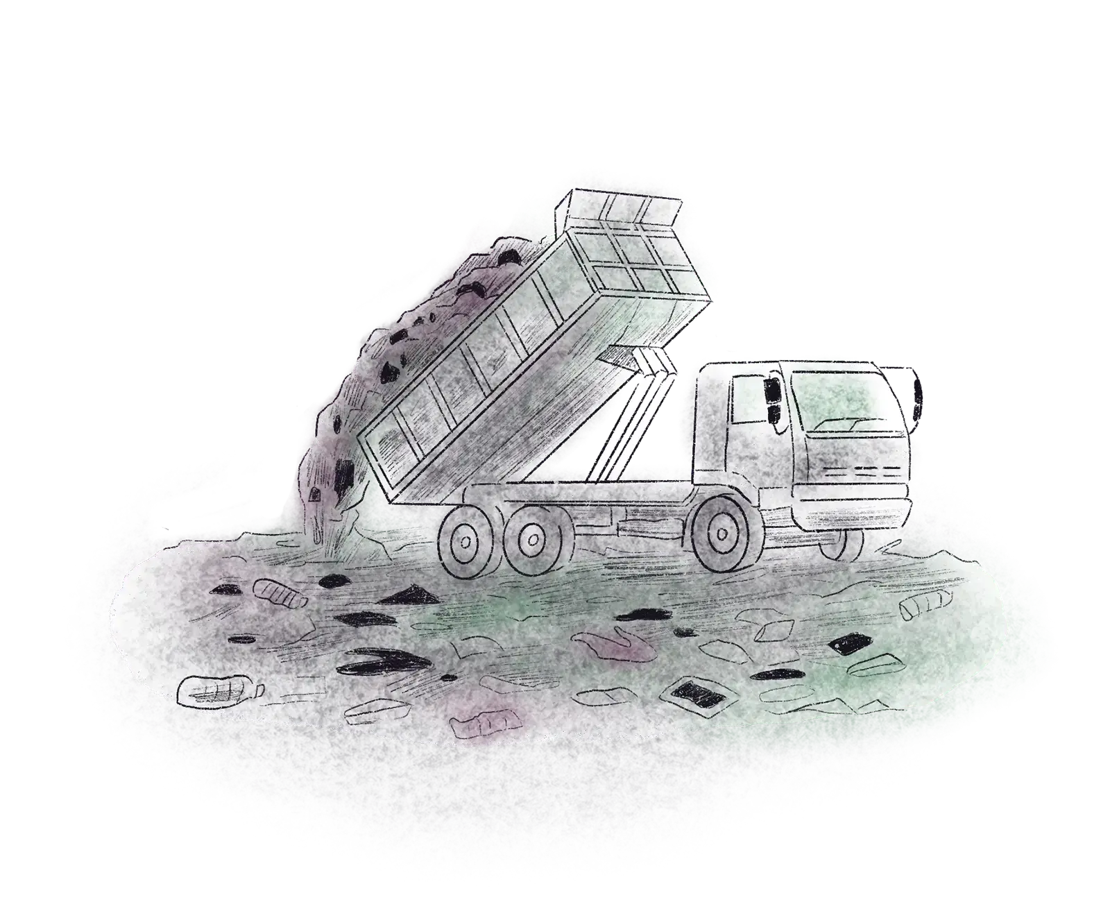 A large truck tips wastes into a pile