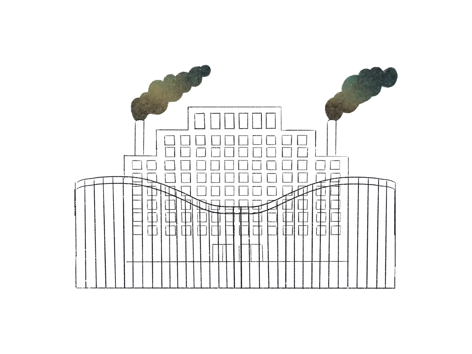 A polluted factory sits behinds large, imposing gates